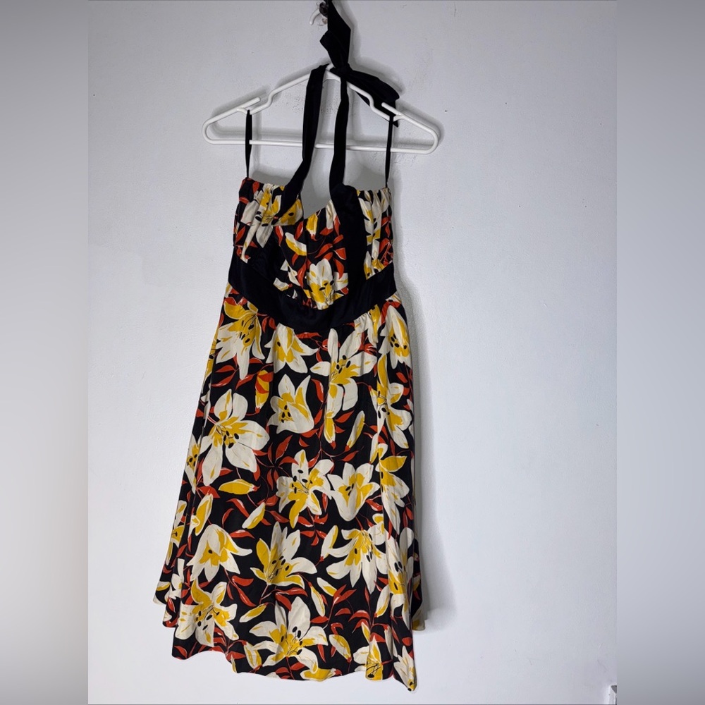 Moulinette Soeurs* Black & Yellow Small Silk Floral Print Halter Neck A-Line 8